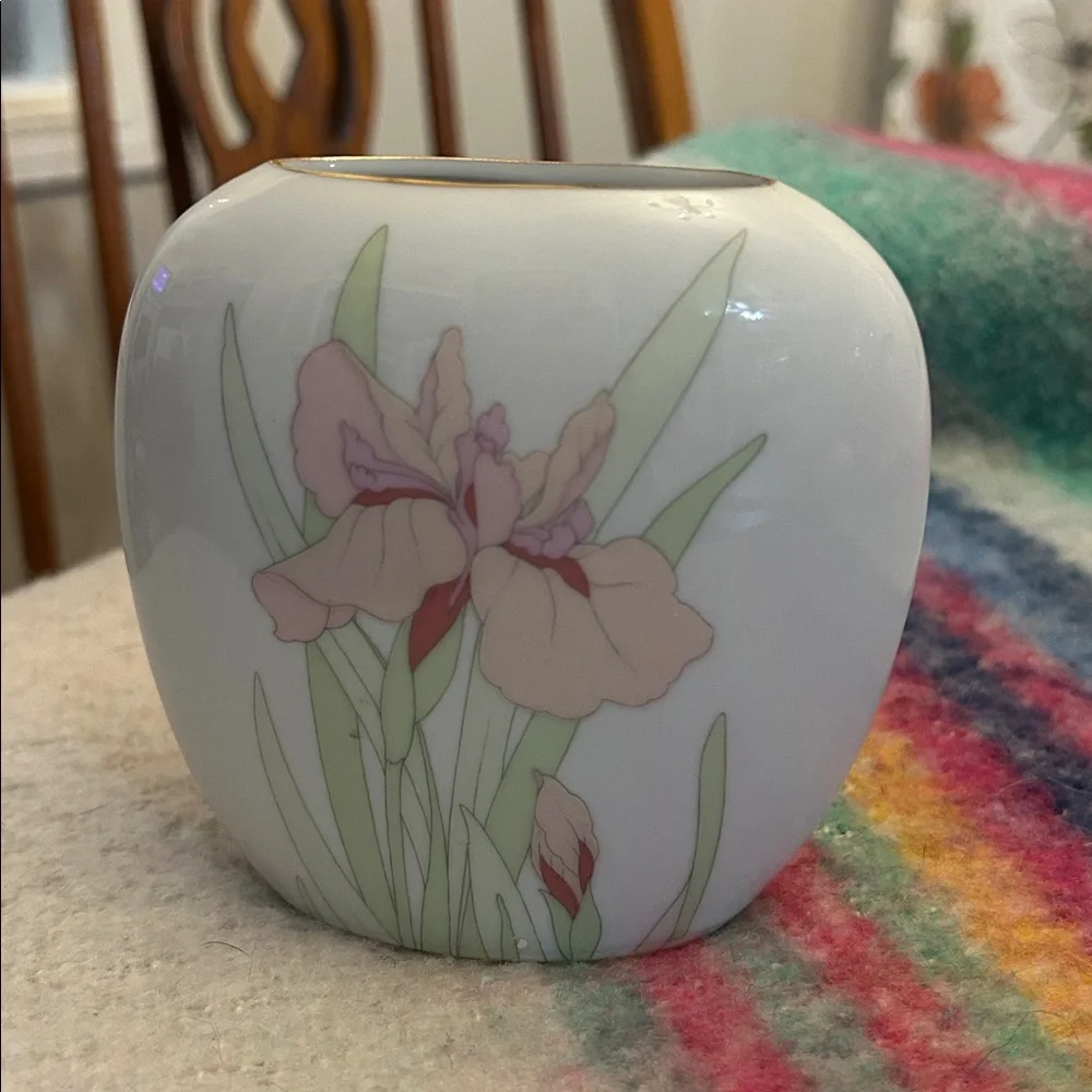 Floral Ceramic Vase with Pink and Green Accents - Picture 1 of 5